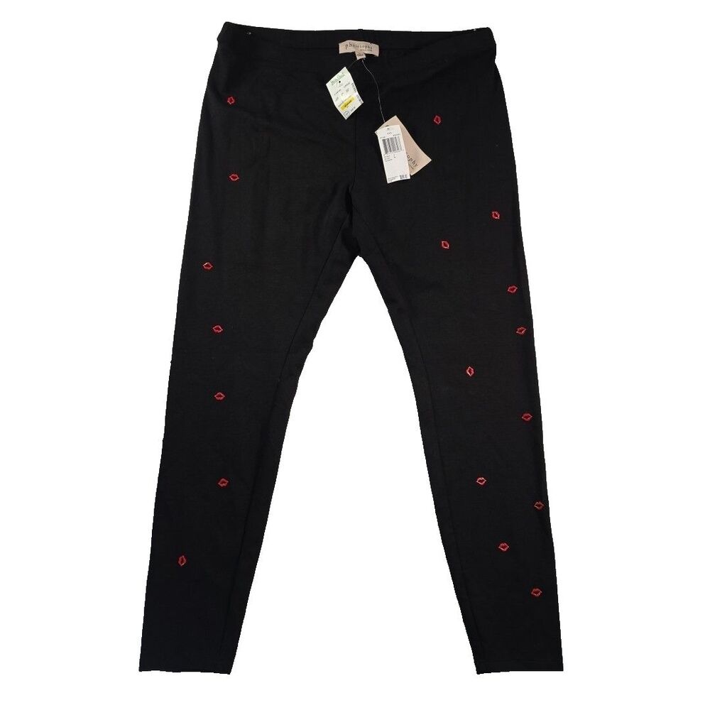 Philosophy Republic Clothing Leggings Pant Pull On Women's L Black Kiss Lips NWT